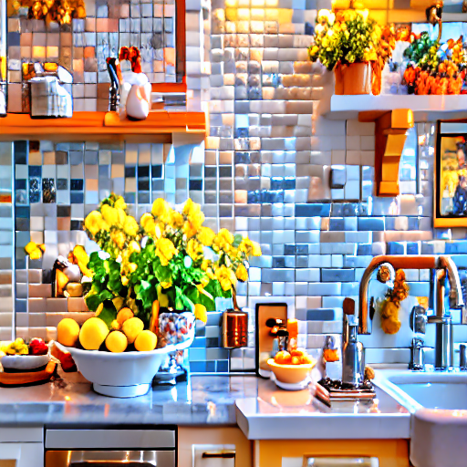 033_An eye level counter-view shows blue tile, a faucet, dish scrubbers, bowls, a squirt bottle and similar kitchen items..png
